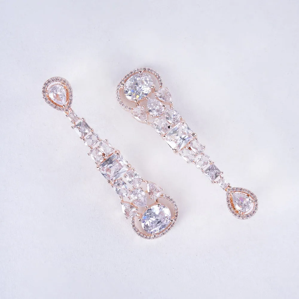 Radiant White Melody: Brass Rose Gold CZ Earrings