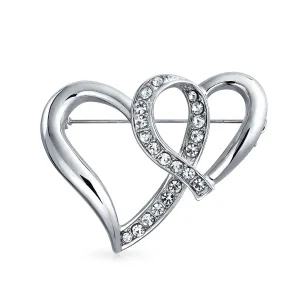 Romantic Wedding Crystal Bridal Brooch Pin - Double Heart Silver Statement