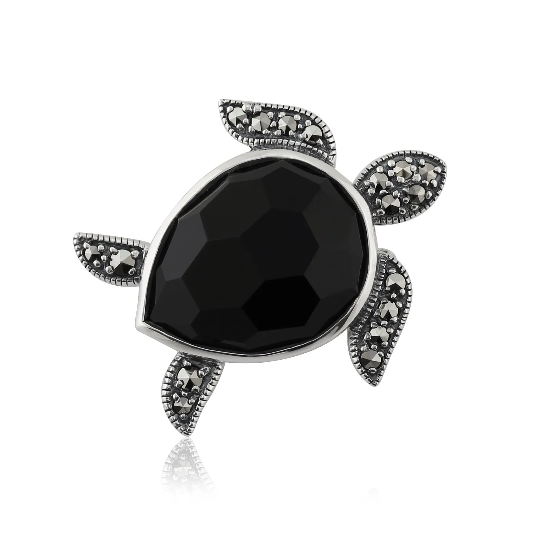 Schildkröte Brosche, 925 Sterlingsilber 7.50ct Schwarz Onyx & 0,29 KT Markasit Schildkröte Brosche