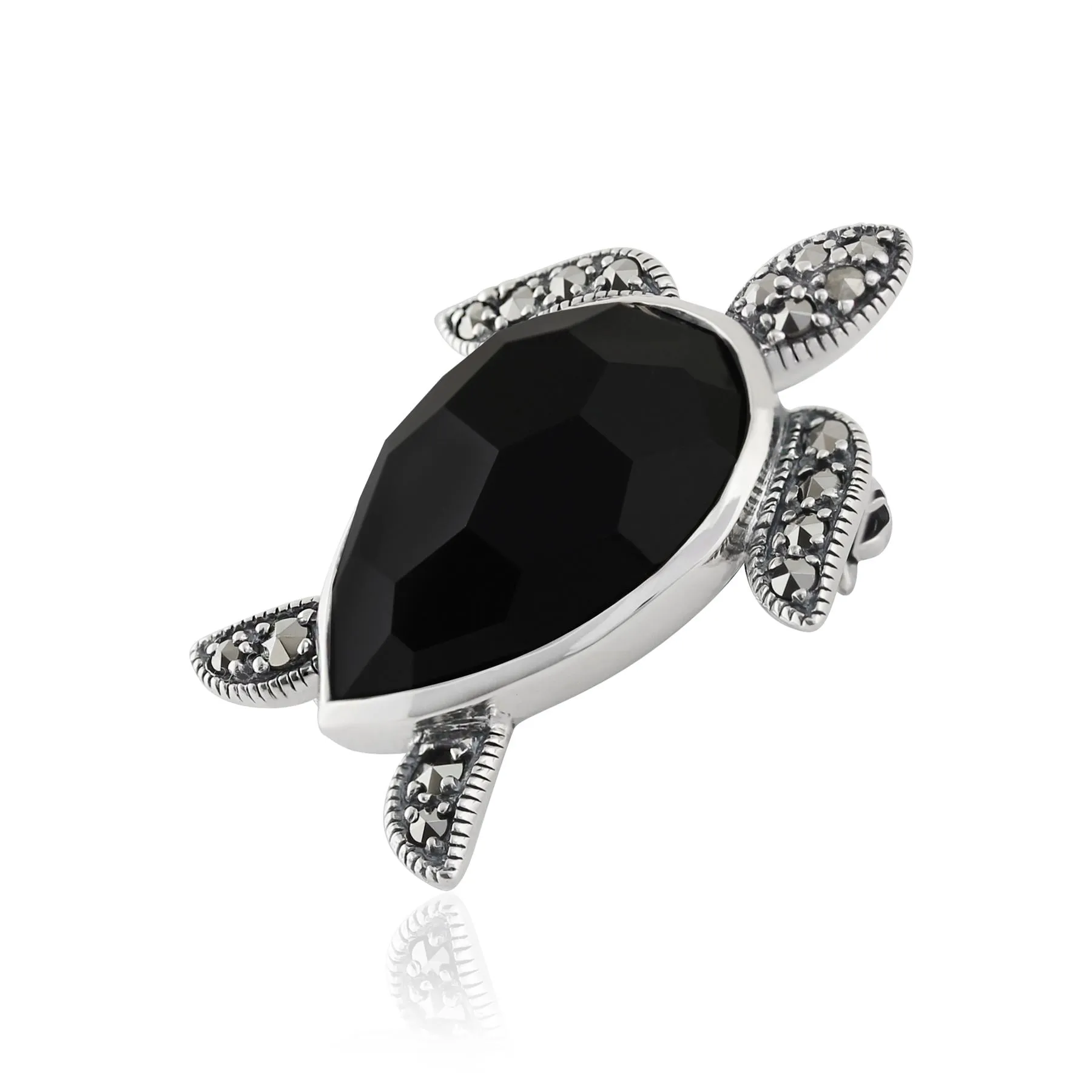 Schildkröte Brosche, 925 Sterlingsilber 7.50ct Schwarz Onyx & 0,29 KT Markasit Schildkröte Brosche