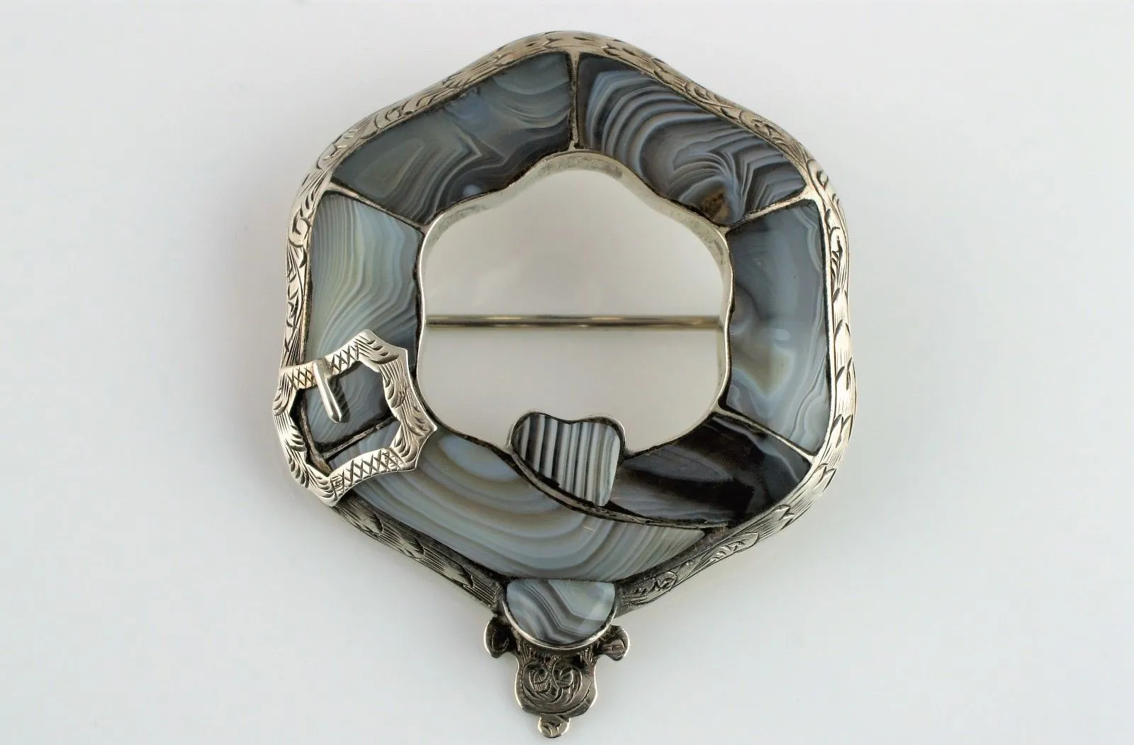 Stunning Fine Antique Victorian Silver Scottish Montrose Agate Brooch / Pin