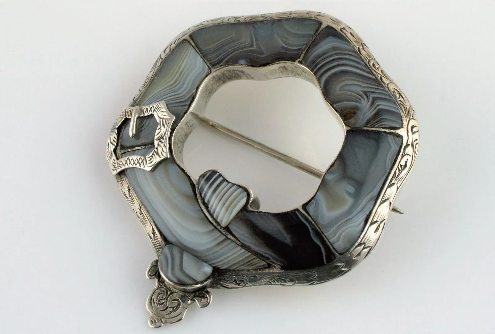 Stunning Fine Antique Victorian Silver Scottish Montrose Agate Brooch / Pin