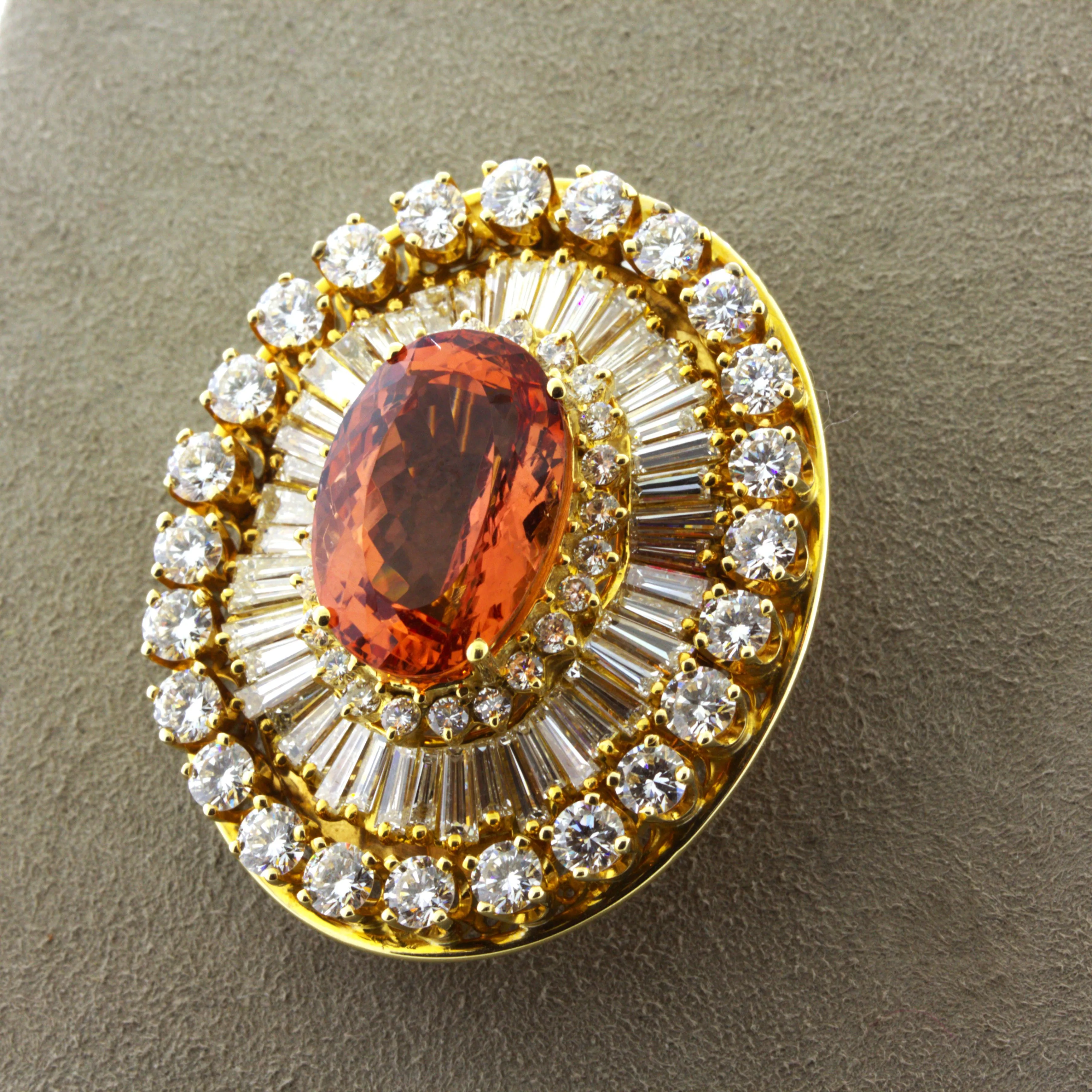 Superb Imperial Topaz Diamond 18K Yellow Gold Brooch, AGL Certified