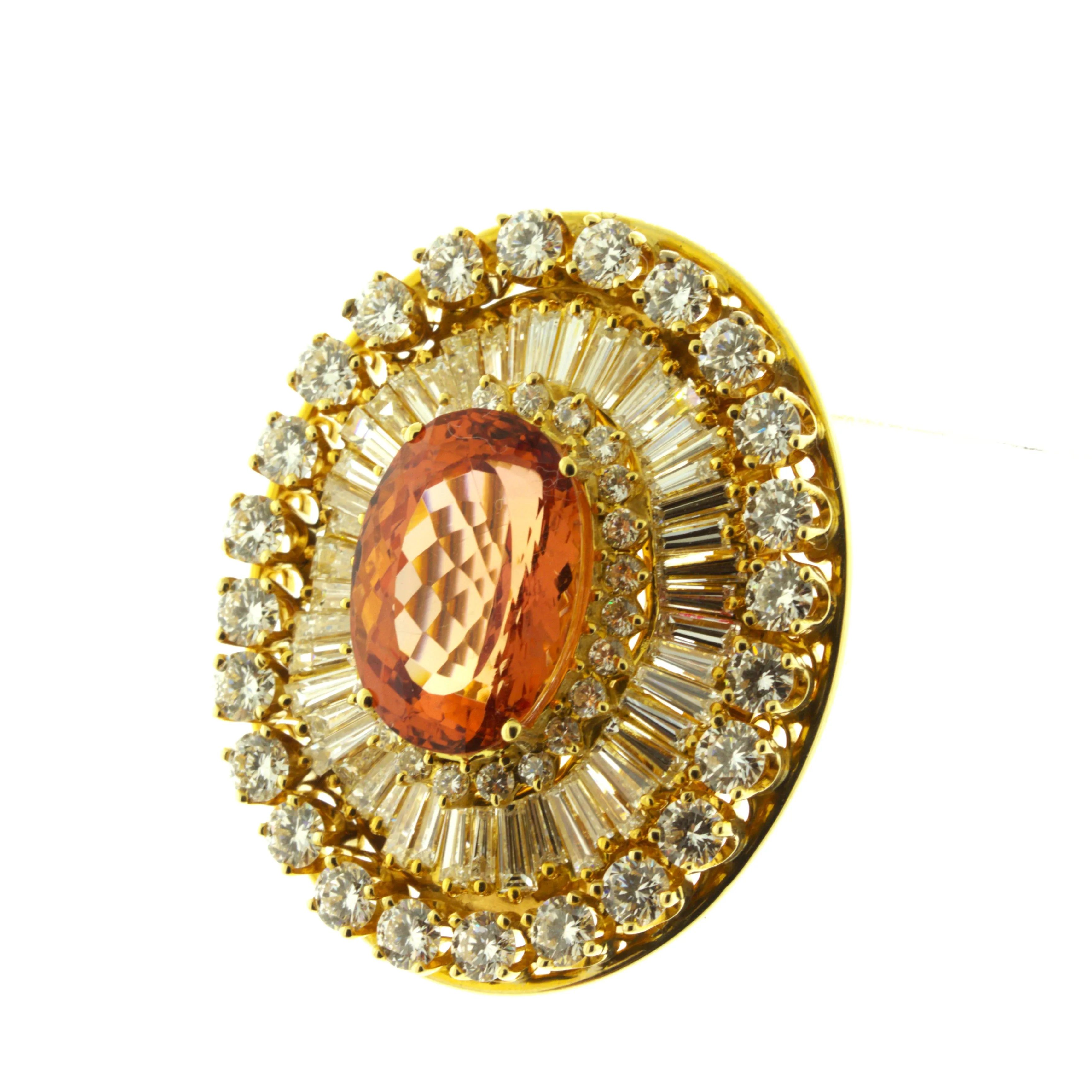 Superb Imperial Topaz Diamond 18K Yellow Gold Brooch, AGL Certified