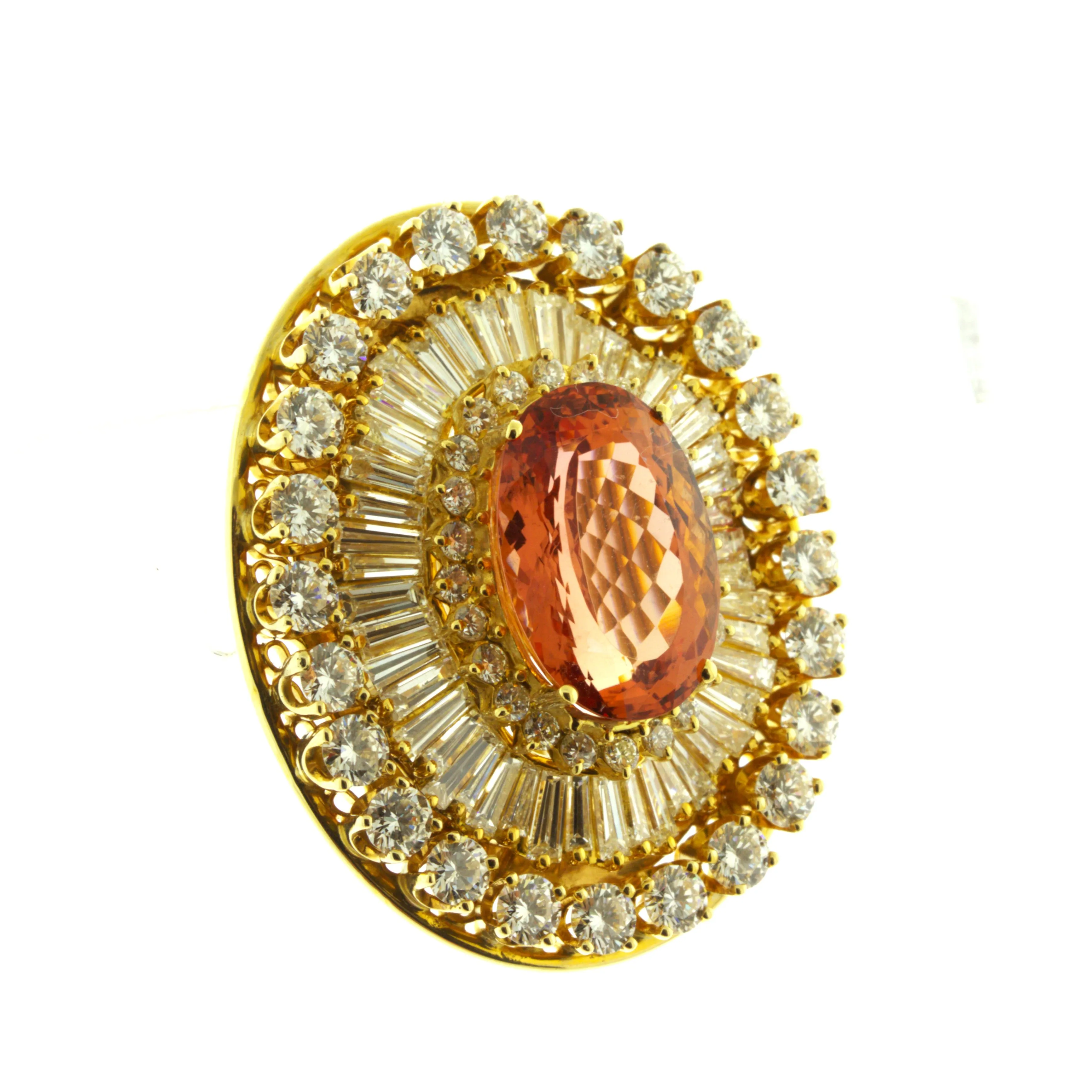 Superb Imperial Topaz Diamond 18K Yellow Gold Brooch, AGL Certified