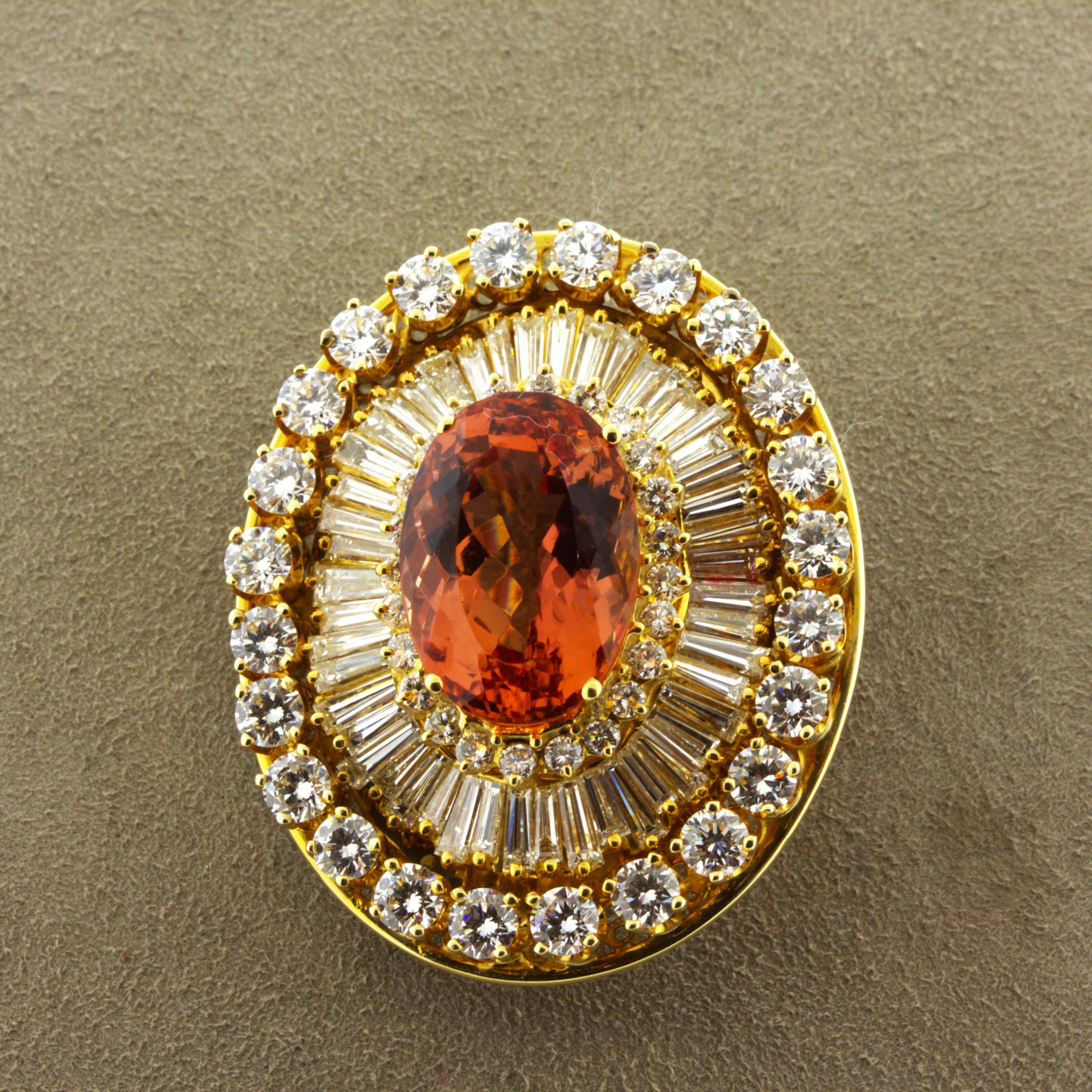 Superb Imperial Topaz Diamond 18K Yellow Gold Brooch, AGL Certified