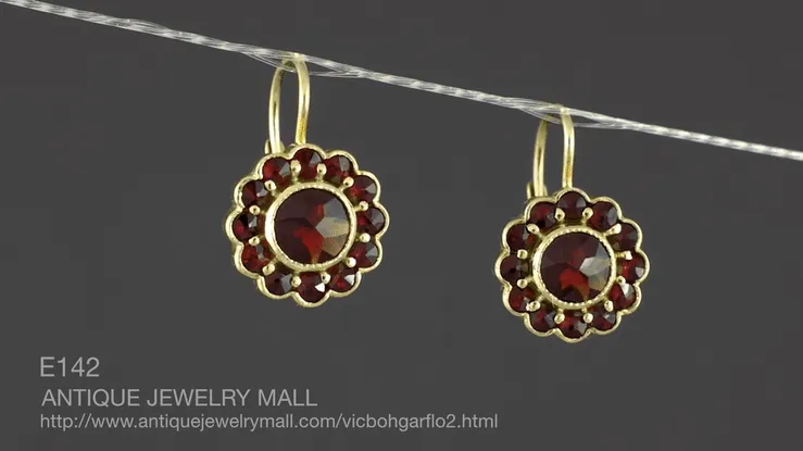 Victorian Bohemian Garnet Floral Earrings in 14 Karat Gold and Sterling Silver Vermeil