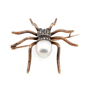 Victorian Revival Inspired Pearl Diamond 18K Rose Gold Silver Tarantula Brooch