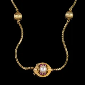 Vintage 14Ct Gold Ball Chain Necklace Pearl Ruby Clasp Circa 1960