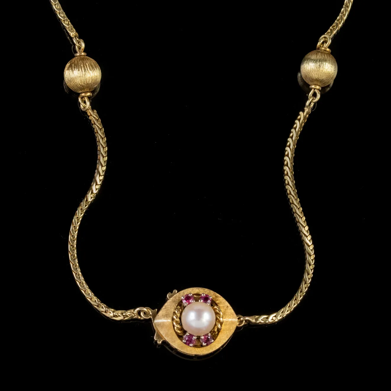 Vintage 14Ct Gold Ball Chain Necklace Pearl Ruby Clasp Circa 1960