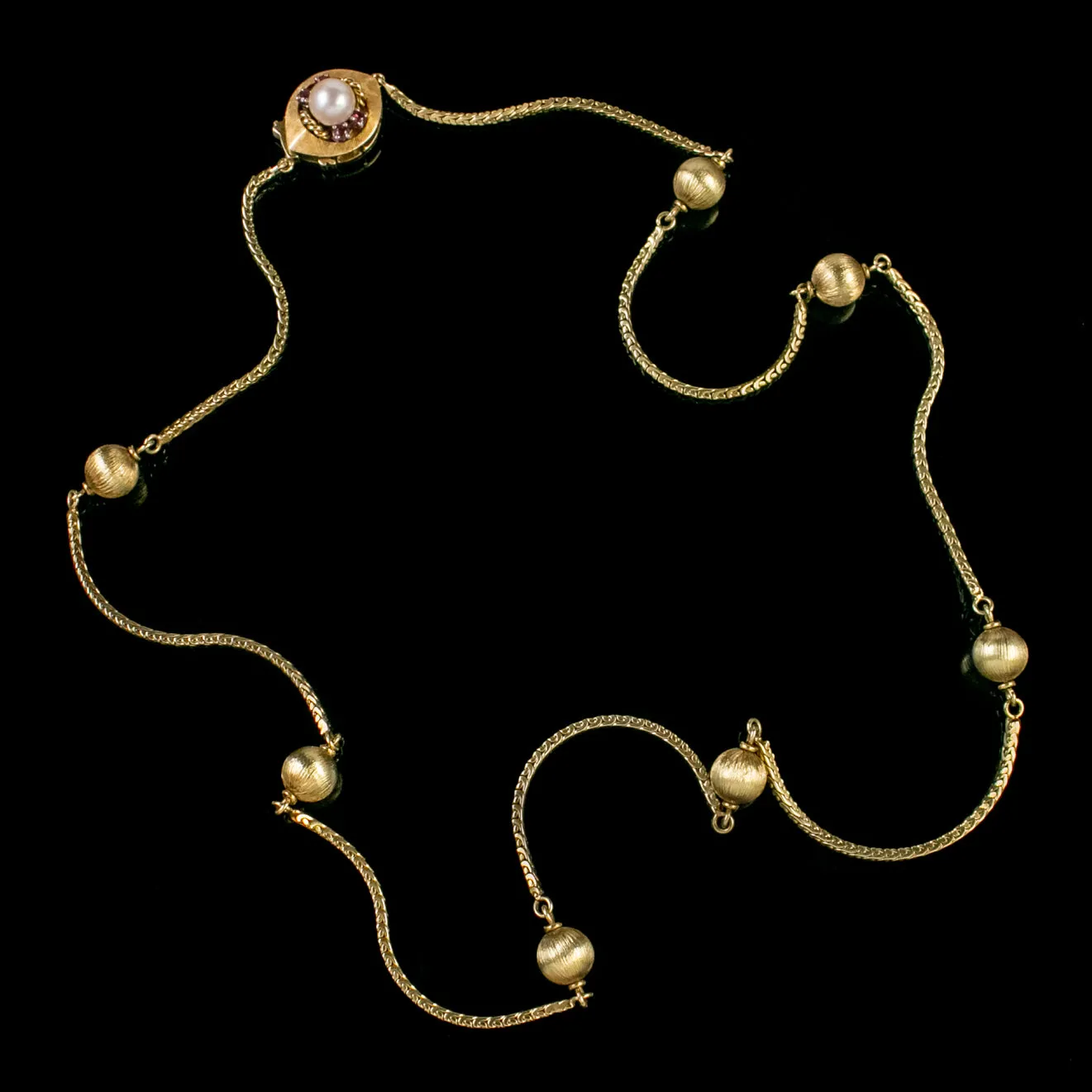 Vintage 14Ct Gold Ball Chain Necklace Pearl Ruby Clasp Circa 1960