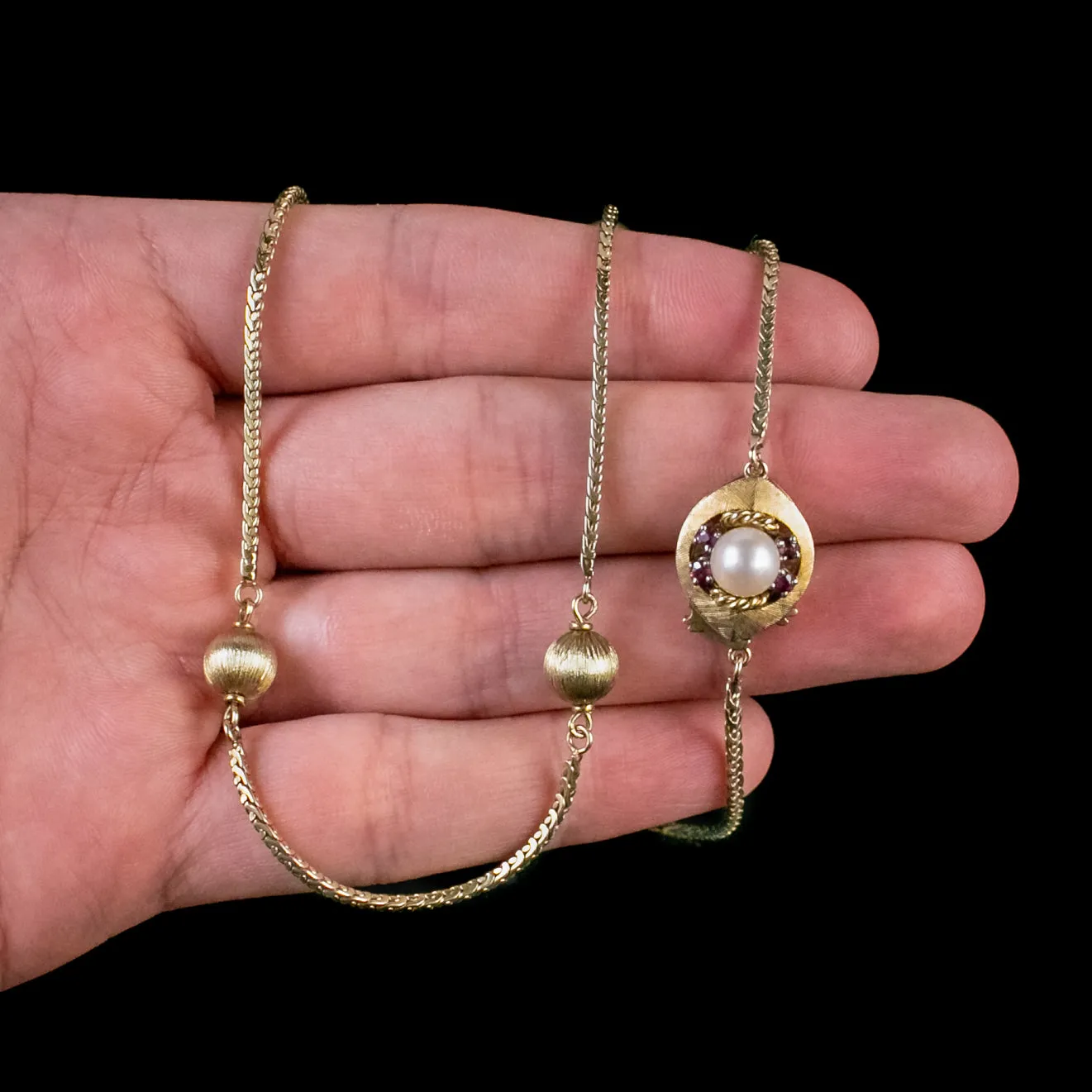 Vintage 14Ct Gold Ball Chain Necklace Pearl Ruby Clasp Circa 1960