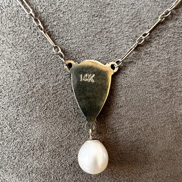 Vintage Enamel & Pearl Drop Necklace