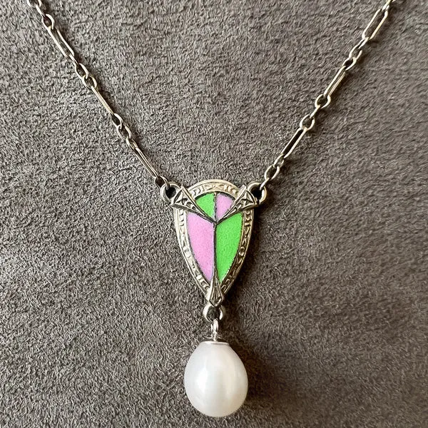 Vintage Enamel & Pearl Drop Necklace