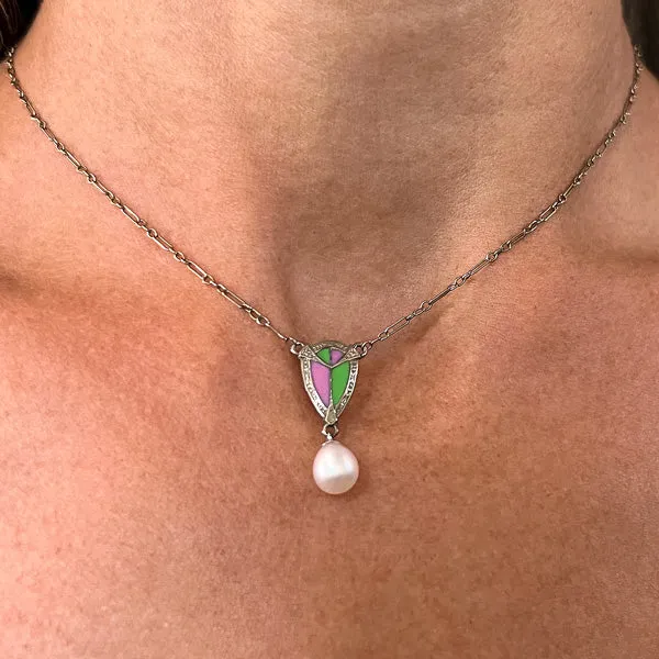 Vintage Enamel & Pearl Drop Necklace