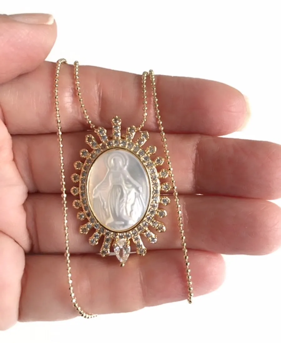 Virgen La Milagrosa Mother of Pearl Pendant Necklace 18K Gold Plated Chain