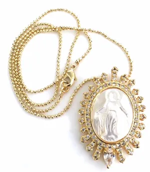 Virgen La Milagrosa Mother of Pearl Pendant Necklace 18K Gold Plated Chain