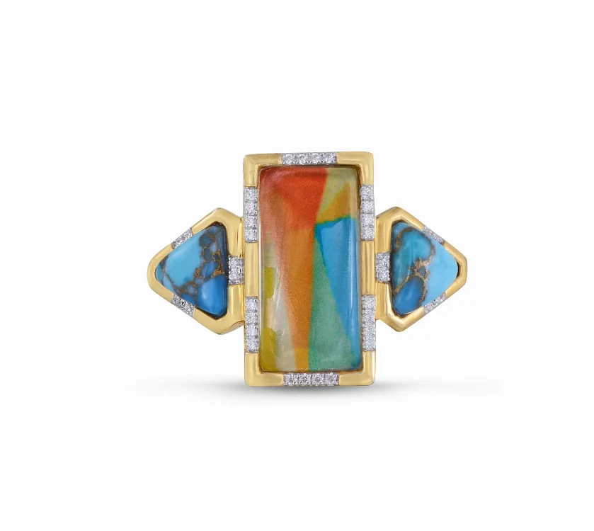 Wild & Free Diamond Mosaic Turquoise Ring in 14K Yellow Gold Plated Sterling Silver